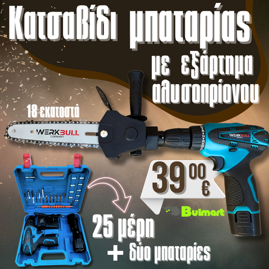 2in1 κατσαβίδι δύο ταχυτήτων WerkBull με 25 εξαρτήματα + δύο μπαταρίες 24v 3ah + εξάρτημα πριονιού δώρου με ράγα 18cm