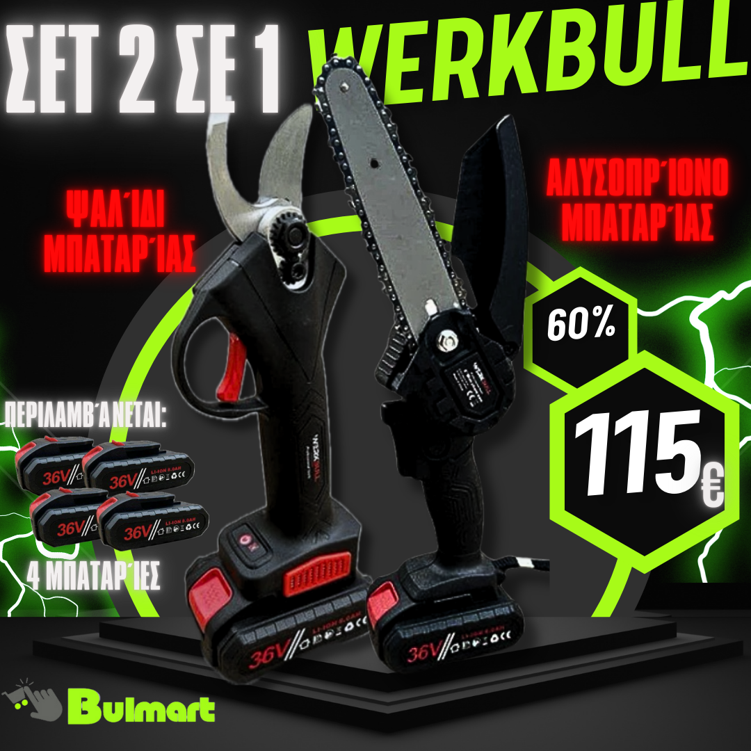 Σετ Promo 2in1 WerkBull Ασύρματο κλαδευτήρι και μίνι πριόνι + 4 μπαταρίες και 2 φορτιστές