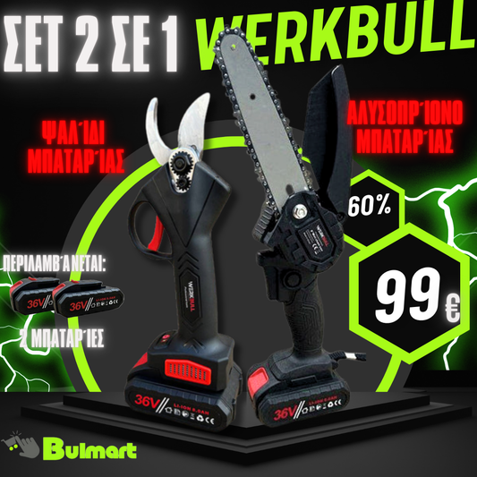 Promo 2in1 WerkBull ασύρματο ψαλίδι αμπέλου και σετ μίνι πριονιού με 2 ράβδους και 4 αλυσίδες ως δώρο